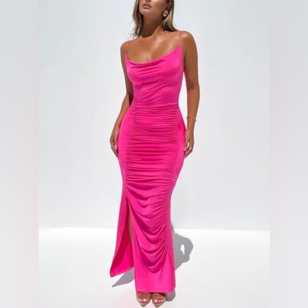 Fore Sleeveless Cowl Neck Ruched Corset Maxi Dress Fuchsia Pink Women's Size XS